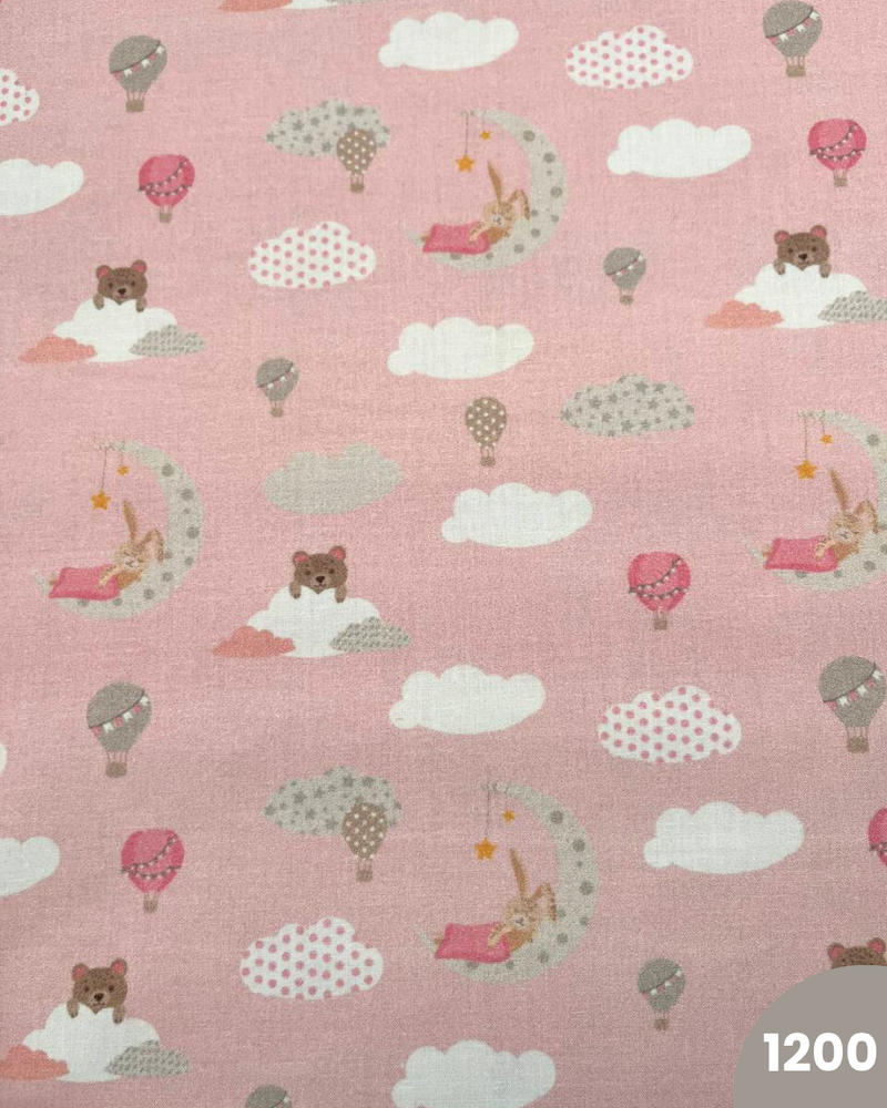 COTONE 100% - 1200 LUNA E MONGOLFIERA FONDO ROSA