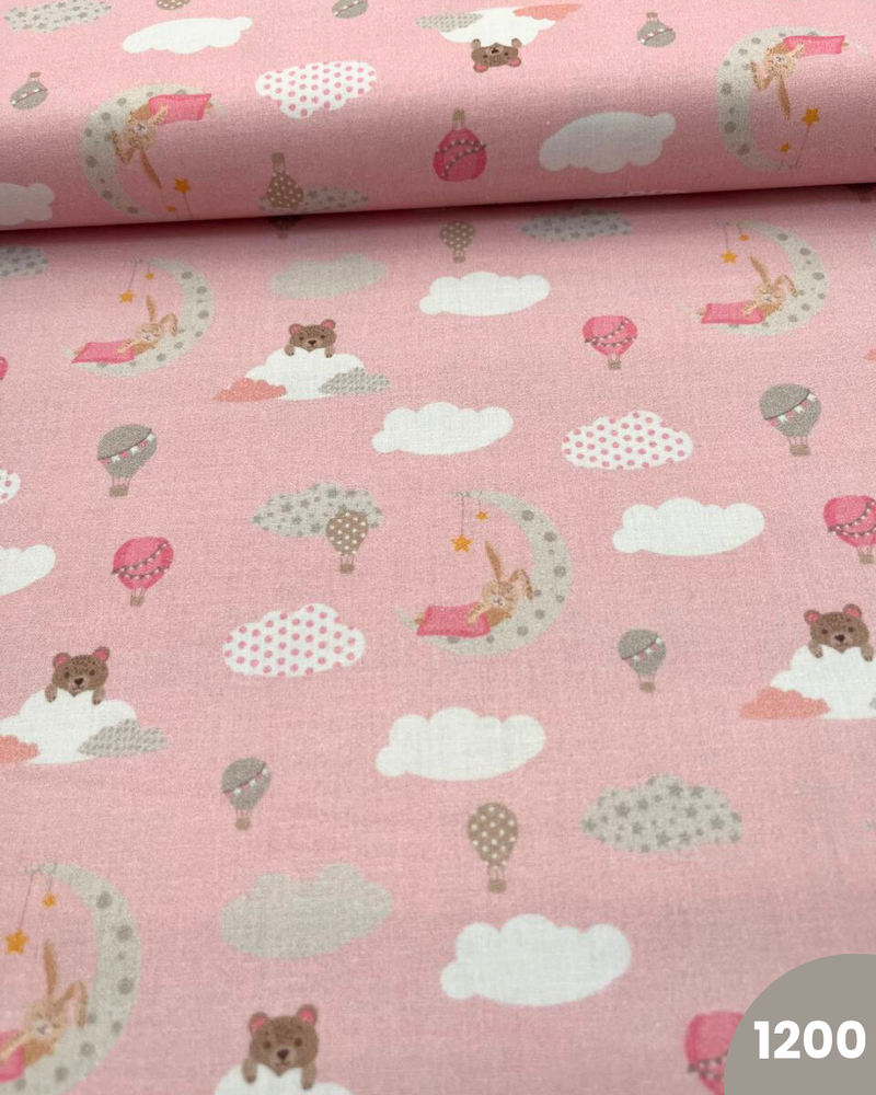 COTONE 100% - 1200 LUNA E MONGOLFIERA FONDO ROSA