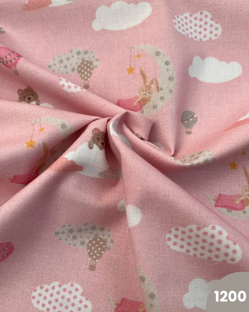 COTONE 100% - 1200 LUNA E MONGOLFIERA FONDO ROSA