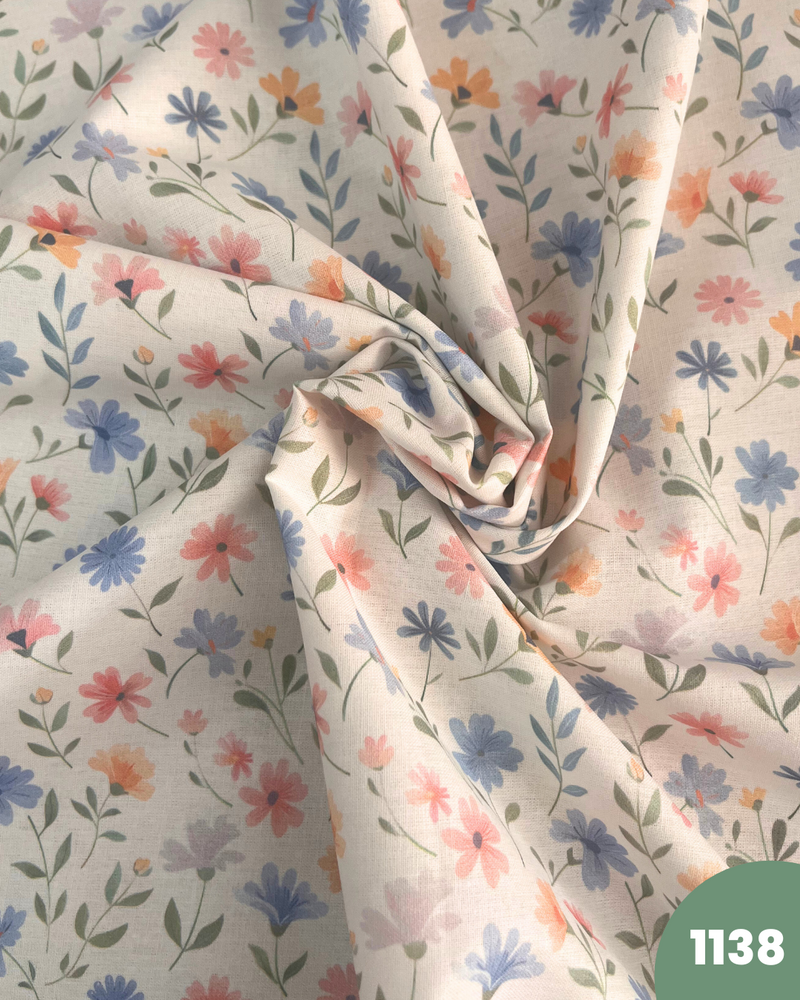 COTONE 100% - 1138 FIORELLINI CELESTI E COLOR PESCA