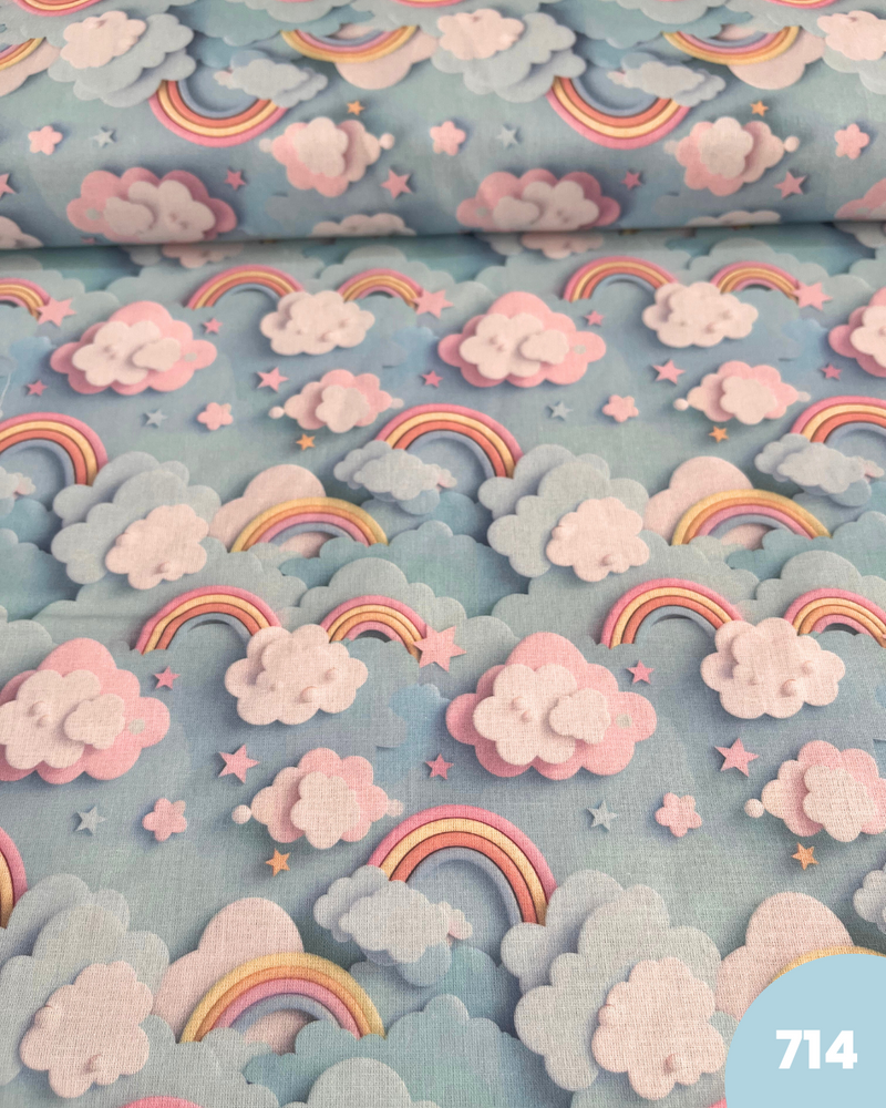 COTONE 100% - 714 ARCOBALENO 3D FONDO CELESTE