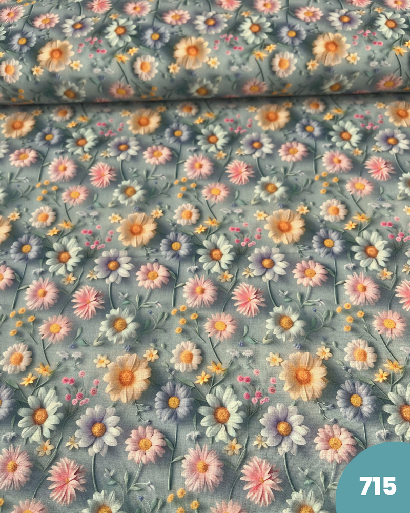 COTONE 100% - 715 FIORI 3D FONDO VERDE ACQUA