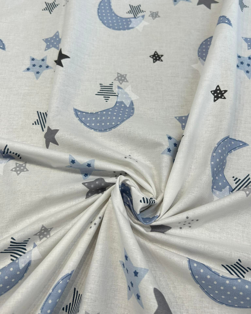 COTONE 100% H 240CM - 243 LUNA E STELLE CELESTE FONDO BIANCO